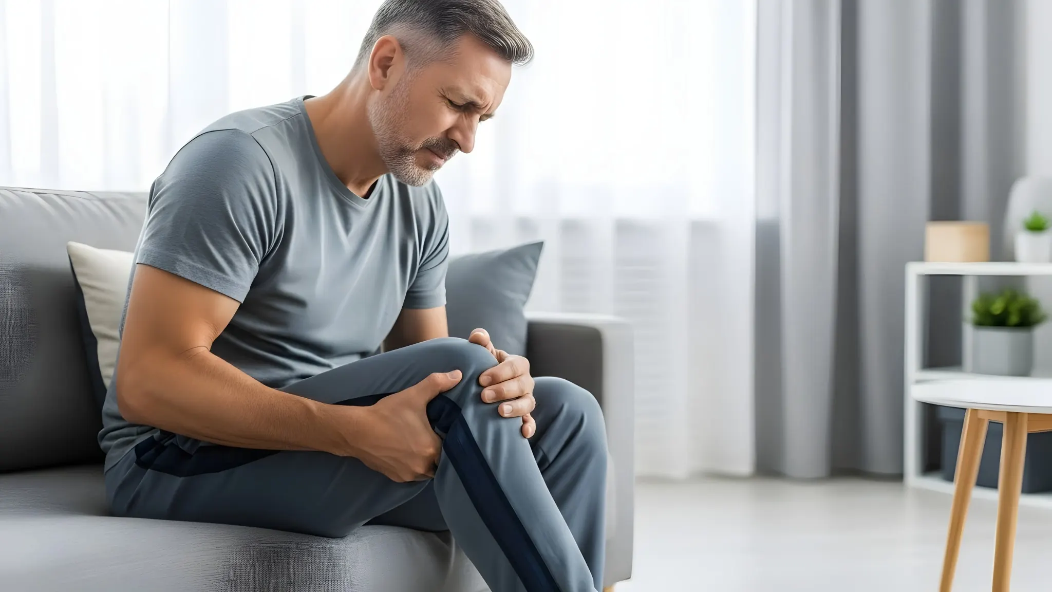 Middle-aged man experiencing knee pain while sitting at home